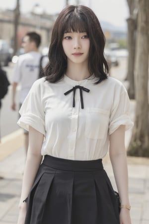 1girl, ((school girl,)) hip up body, pleated skirt, button down shirt, bow, korea street corner, summer, looking at viewer, ultra detailed, beautiful face, natural lighting, best quality, masterpiece, aespakarina, straight camera angle, noise effect, blurring effect, photo realistic,