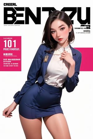 1girl, flight attendant outfit, thigh up body, detailed clothes, looking at viewer, sharp focus, magazine cover, coloful background, ((outline,)) chimai,