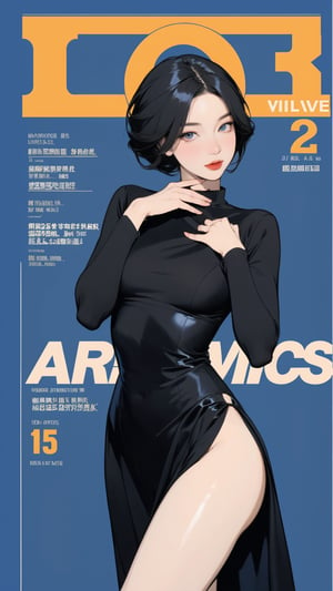 1girl, looking at viewer, thigh up body, beautiful and elegant, blue background, cutout clothing, hairstyle, dynamic composition, styled clothes,  ultra detailed, best quality, sharp focus, ((magazine cover, outline, 2.5D artstyle,)) htt