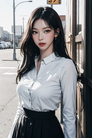 1girl, school girl, hip up body, pleated skirt, button down colar shirt, bow, korea street corner, summer, looking at viewer, ultra detailed, beautiful face, natural lighting, best quality, masterpiece, aespakarina, straight camera angle, noise effect, blurring effect, ((photo realistic,)),magazine cover