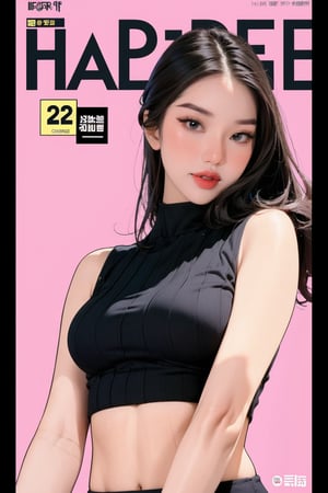 1girl, looking at viewer, styled clothes, turtle neck croptop, sleeveless, hairstyle, sharp focus, magazine cover, coloful background, 2D artstyle, outline, 

chimai,hine,hakil,yuong01,johyun,sim,haohaoulz,kn