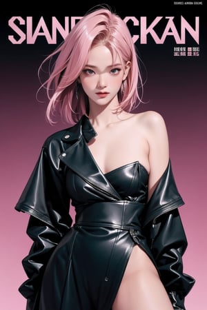 1girl, thigh up body, standing, looking at viewer, pink hair, styled clothes, ultra detail, accurate color reproduction, black background, best quality, professionally color graded, artwork, blurring effect, professional lighting, sanatw, magazine cover,sim,chimai,aespakarina,jisoo