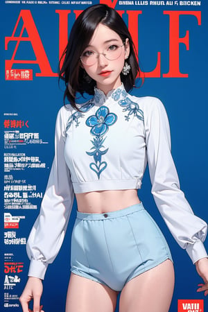 allure, lustful, 1girl, thigh up body, looking at viewer, translucent, intricate clothes, cutout clothes, ((blue white clothes)), cinematic lighting, hairstyle, magazine cover, red background, hakil, eyeglasses,