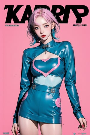 allure, 1girl, thigh up body, detailed clothes, cutout, kpop idol outfit, styled, pink purple hair, red lips, looking at viewer, sharp focus, magazine cover, cyan blue background, ((outline,)) chimai, aespakarina,sanatw