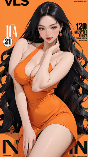 1girl, looking at viewer, thigh up body, stocking, earings, elegant, allure emotion, nsfw, orange background, hairstyle, styled clothes, cutout clothes, dynamic composition, ultra detailed, best quality, sharp focus, magazine cover, outline, 2D artstyle,aespakarina,htt,sim