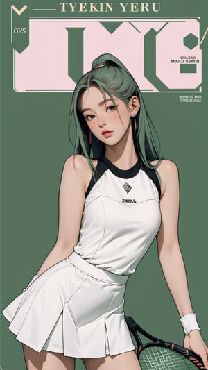 1girl, standing, thigh up body, ((looking at viewer, tennis girl outfit, center opening,)) 2D artstyle, magazine cover, outline, earings, blush, green background, hairstyle, ultra detailed, best quality, sharp focus, ,DiaSondef,sophiesw,Mia ,Anna ,miyeon