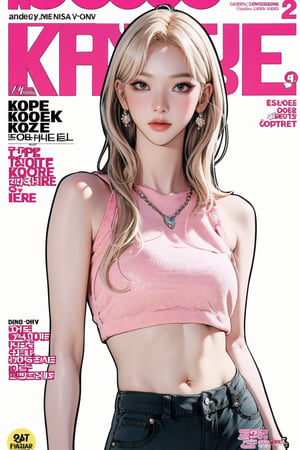 1girl, kpopgirl outfit, croptop, shorts, pink and blonde hair, detailed clothes, earrings, looking at viewer, aespakarina, magazine cover,