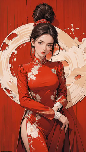 1girl, looking at viewer, thigh up body, sexy and elegant, red background, hairstyle, dynamic composition, styled clothes, cutout clothing, ultra detailed, best quality, sharp focus, aespakarina, magazine cover, outline, 2D art, chimai,htt,sim,huondey,kn