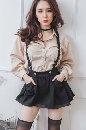 portrait, 1girl, thigh up, light make up, styled shirt, skirt, piercing, looking at viewer, make up, choker, hairstyled, white background, highres, accurate color reproduction, sharp focus, 
aespakarina, chimai,Enhanced all,charcoal \(medium\),yuongg,hine,hakil