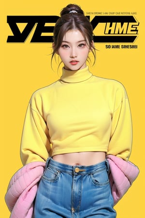 1girl, thigh up body, detailed clothes, kpop idol, turtle_neck_croptop, long_wide_sleeves_jeans, looking at viewer, sharp focus, magazine cover, yellow background, ((outline,)) chimai, aespakarina,sanatw