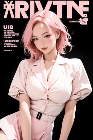 1girl, thigh up, looking at viewer, pink hair, styled clothes, ultra detail, accurate color reproduction, black background, best quality, professionally color graded, artwork, blurring effect, professional lighting, sanatw, magazine cover,sim