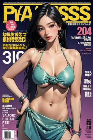 1girl, bracelets, ((standing,hip up body, )) looking at viewer, earrings, ((colorful bikini,)) intricate background, magazine cover, kmiu,huondey,pisces,wyntracy