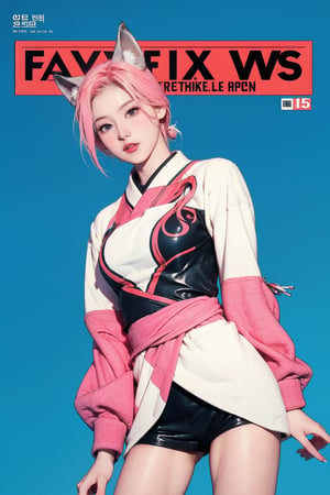 1girl, ((thigh up body, standing,)) looking at viewer, sanatw, magazine cover, cinematic angle, cinematic composition, blue background, ahri, pinkhair, foxtail, fox ears, korean clothes,