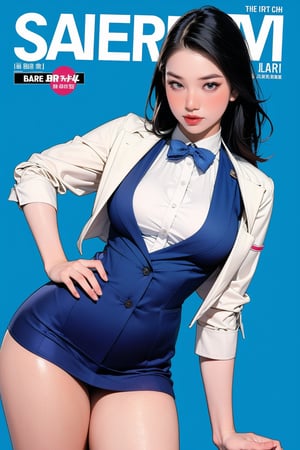 1girl, flight attendant, thigh up body, styled detailed clothes, looking at viewer, sharp focus, magazine cover, blue background, chimai,