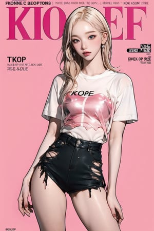 1girl, ((kpopgirl outfit, thigh up body, see-through shirt,)) pink and blonde hair, detailed clothes, earrings, looking at viewer, aespakarina, magazine cover,