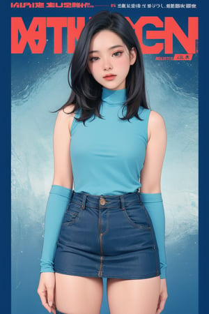 1girl, thigh up, standing, looking at viewer, detailed clothes, styled zipping cutout turtleneck body shirt, sleeveless, miniskirt, accurate color reproduction, best quality, professionally color graded, professional lighting, sanatw, magazine cover, cyan background, jisoo,chimai,miyeon,aespakarina,hakil