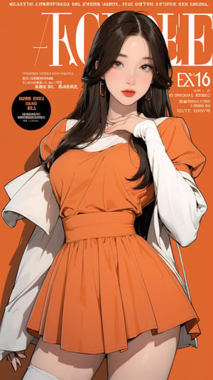 1girl, looking at viewer, thigh up body, stocking, earings, elegant and allure, nsfw, orange background, hairstyle, styled clothes, cutout clothes, dynamic composition, ultra detailed, best quality, sharp focus, magazine cover, outline, 2D artstyle,aespakarina,htt