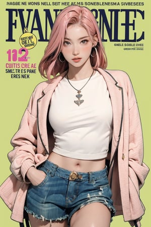 tennis girl outfit, 1girl, thigh up body, pink hair, looking at viewer, hairstyle, detailed clothes, earrings, sanatw, magazine cover, green background,