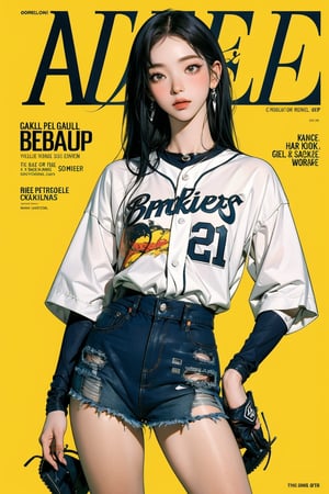 1girl, ((baseball girl outfit,)) thigh up, detailed clothes, earrings, looking at viewer, aespakarina, magazine cover,