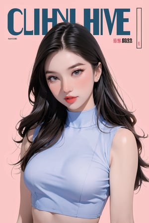 1girl, looking at viewer, styled clothes, turtle neck croptop, sleeveless, hairstyle, sharp focus, magazine cover, coloful background, 2D artstyle, outline, 

chimai,hine,hakil,yuong01,johyun,sim,haohaoulz,kn