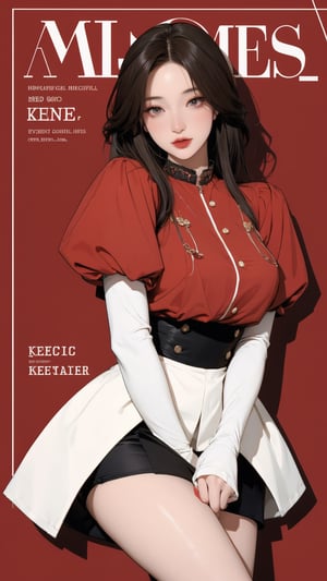 1girl, kpop idol, singer, attendant, looking at viewer, thigh up body, elegant and asthetic, red background, styled clothes, hairstyle, cinematic composition, styled clothes,  ultra detailed, best quality, sharp focus, magazine cover, outline, 2D artstyle,aespakarina,htt