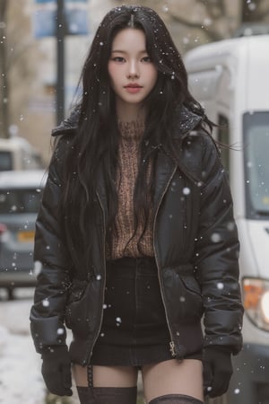 1girl, thigh up body, miniskirt, stocking, jacket, hairstyle, on paris street corner, winter, snow floating, snow on hair, snow on clothes, looking at viewer, ultra detailed, beautiful face, natural lighting, 2D artstyle, best quality, masterpiece, aespakarina, straight camera angle, noise effect, blurring effect,