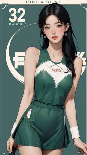 1girl, standing, thigh up body, ((looking at viewer, tennis girl outfit, center opening,)) 2D artstyle, magazine cover, outline, earings, blush, green background, hairstyle, ultra detailed, best quality, sharp focus, ,DiaSondef,sophiesw,Mia ,Anna ,miyeon