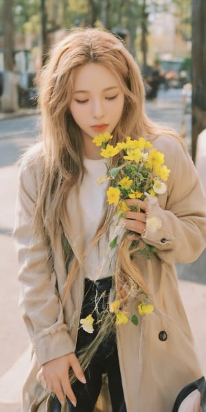 Candid moment on a sun-kissed sidewalk: a radiant woman in a trench coat and crisp white shirt holds and kisses a vibrant bouquet of yellow flowers, her brown sunglasses tucked on her hijab head. Natural light dances across her features as she's lost in thought, the blurred background and bokeh effect creating a sense of intimacy. Soft lighting accentuates her bright smile, while super detailed textures bring the scene to life., Film Photography,aespakarina