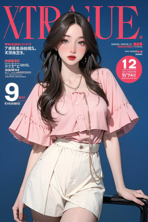 allure 1girl, blush, thigh up body, styled outfit, ((looking at viewer,)) earrings, magazine cover, blue background, hine, hakil, kmiu