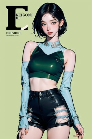 1girl, thigh up body, detailed clothes, kpop idol, hairstyle, croptop, looking at viewer, sharp focus, magazine cover, green background, ((outline,)) chimai, aespakarina,sanatw