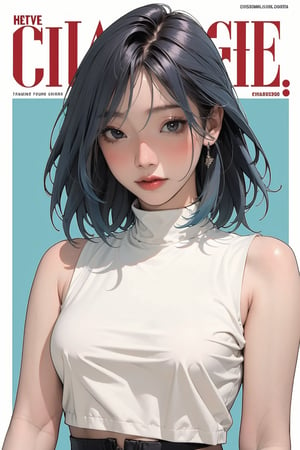 1girl, looking at viewer, styled clothes, turtle neck croptop, sleeveless, hairstyle, sharp focus, magazine cover, coloful background, 2D artstyle, outline, 

chimai,hine,hakil,yuong01