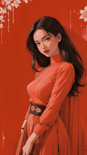 1girl, looking at viewer, thigh up body, eros and elegant, red background, hairstyle, cinematic composition, cutout clothing, ultra detailed, best quality, sharp focus, aespakarina, magazine cover, outline, 2D art, chimai,htt,sim,huondey,kn