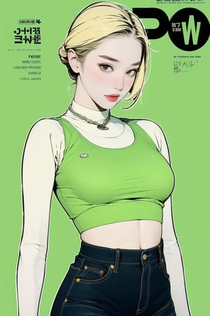 1girl, thigh up body, detailed clothes, kpop idol, hairstyle, croptop, trouser, looking at viewer, sharp focus, magazine cover, green background, ((outline,)) chimai, aespakarina,sanatw