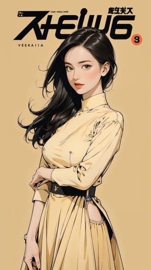 1girl, looking at viewer, thigh up body, sexy and elegant, yellow background, hairstyle, dynamic composition, styled clothes, cutout clothing, shirt, skirt, ultra detailed, best quality, sharp focus, aespakarina, magazine cover, outline, 2D art, chimai,htt,sim,huondey,kn
