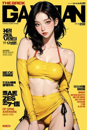 1girl, thigh up body, detailed clothes, bikini model, looking at viewer, sharp focus, magazine cover, yellow background, ((outline,)) chimai, aespakarina