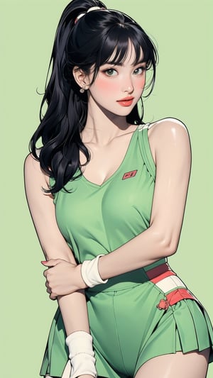 1girl, standing, thigh up body, ((looking at viewer, tennis girl outfit, center opening,)) 2D artstyle, magazine cover, outline, earings, blush, green background, hairstyle, ultra detailed, best quality, sharp focus, ,DiaSondef,sophiesw,Mia ,Anna ,mthanhh,minatw,momo