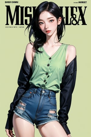 1girl, thigh up body, detailed clothes, kpop idol, shoulder length hair, hush cut hair, tight long sleeves v_neck button shirt, shorts, looking at viewer, sharp focus, magazine cover, green background, ((outline,)) chimai, aespakarina,sanatw