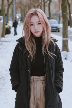 1girl, thigh up body, long skirt, turtle neck shirt, puffer coat, blonde pink hair, on paris street, winter, snow, looking at viewer, ultra detailed, beautiful face, natural lighting, 2D artstyle, best quality, masterpiece, aespakarina, straight camera angle, noise effect, blurring effect,