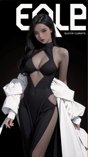 1girl, looking at viewer, thigh up body, sexy and elegant, black background, cutout clothing, hairstyle, cinematic composition, styled clothes,  ultra detailed, best quality, sharp focus, magazine cover, outline, 2D artstyle, htt,haohaoulz