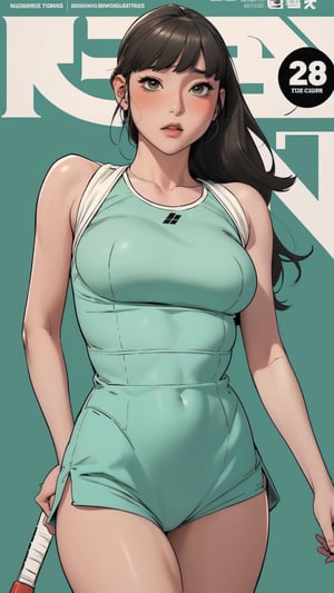 1girl, standing, thigh up body, ((looking at viewer, tennis girl outfit, center opening,)) 2D artstyle, magazine cover, outline, earings, blush, green background, hairstyle, ultra detailed, best quality, sharp focus, ,DiaSondef,sophiesw,Mia ,Anna 