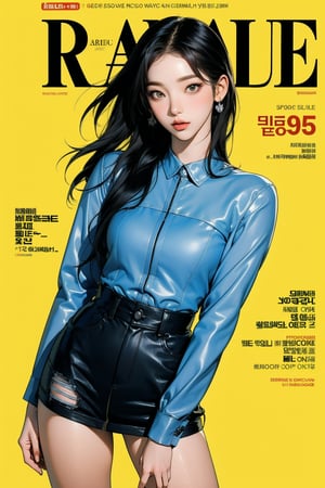 allure, 1girl, thigh up body, detailed clothes, cutout, kpop idol outfit, styled, medium hair, tied hair, looking at viewer, sharp focus, magazine cover, yellow background, ((outline,)) chimai, aespakarina,sanatw