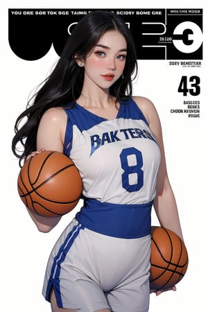 1girl, thigh up body, ((basketball girl outfit,)) standing, hairstyle, looking at viewer, detailed clothes, earrings, magazine cover, chimai