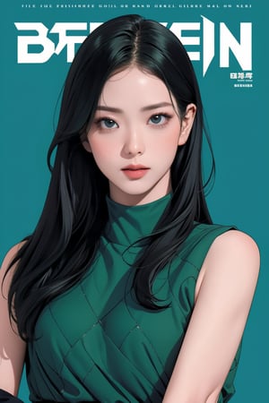 1girl, hip up, looking at viewer, detailed clothes, turtle neck shirt, sleeveless, accurate color reproduction, best quality, professionally color graded, artwork, blurring effect, professional lighting, sanatw, magazine cover, green background, jisoo