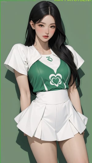 1girl, standing, thigh up body, ((looking at viewer, tennis girl outfit, center opening,)) 2D artstyle, magazine cover, outline, earings, blush, green background, hairstyle, ultra detailed, best quality, sharp focus, ,DiaSondef,sophiesw,Mia ,Anna ,miyeon