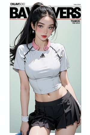 1girl, tennis girl outfit, thigh up body, standing, looking at viewer, detailed clothes, earrings, magazine cover, chimai