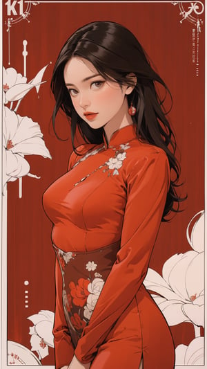 1girl, looking at viewer, thigh up body, sexy and elegant, red background, hairstyle, cinematic composition, cutout clothing, ultra detailed, best quality, sharp focus, aespakarina, magazine cover, outline, 2D art, chimai,htt,sim,huondey,kn
