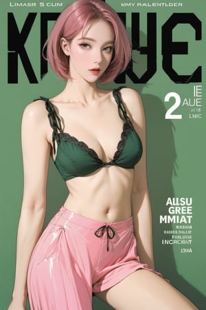 lustful, allure, sexy, 1girl, pink hair, thigh up body, looking at viewer, translucent, intricate clothes, cutout clothes, cinematic lighting, different hairstyle, magazine cover, green background,  kmiu