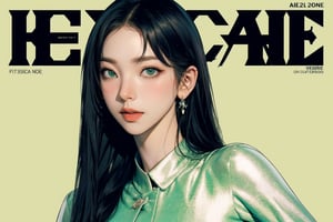 2D, 1girl, detailed clothes, earrings, looking at viewer, magazine cover, green background, aespakarina,