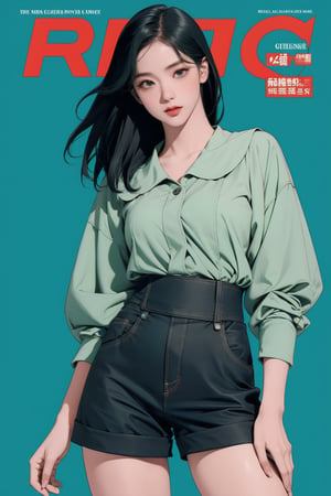 1girl, thigh up body, standing, looking at viewer, detailed clothes, accurate color reproduction, best quality, professionally color graded, artwork, blurring effect, professional lighting, sanatw, magazine cover, green background, jisoo