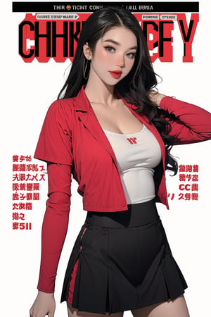 1girl, tennis girl outfit, thigh up body, standing, looking at viewer, detailed clothes, earrings, magazine cover, chimai